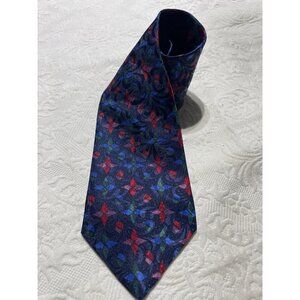 Christian Dior Vintage Navy Blue w/ Floral Pattern Silk Necktie Made in USA